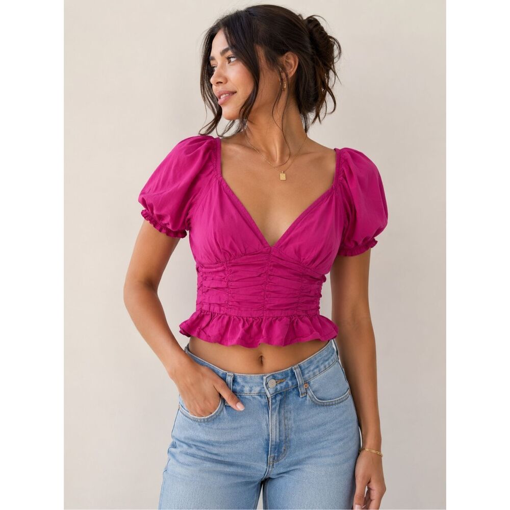 Sim & Sam Pink Puff Sleeve Crop Top L Ruched Peplum Coquette Tie Back